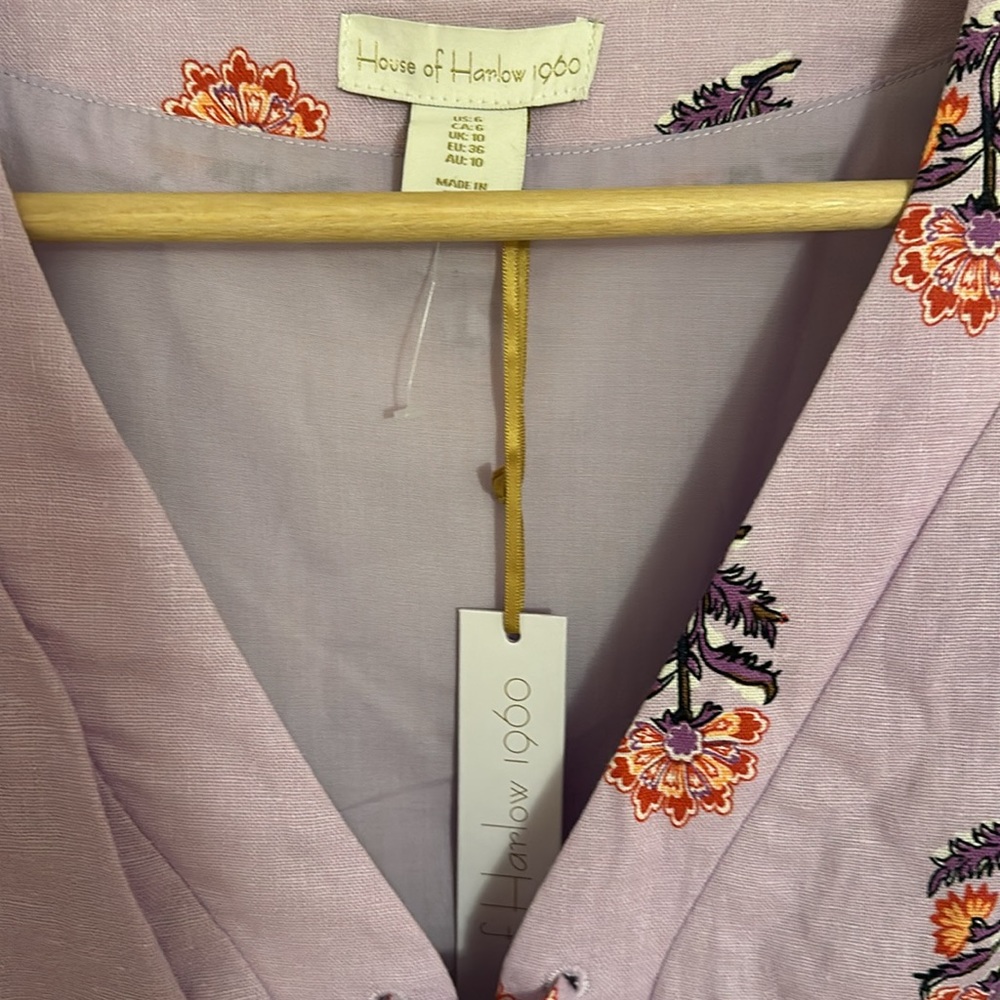 NWT House of Harlow 1960 Floral Linen Blend Puff Sleeve Mini Dress Size 6 - Picture 6 of 9
